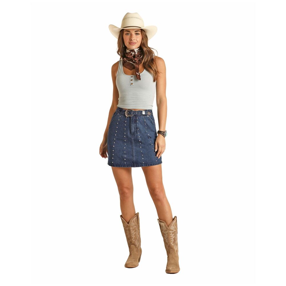 Rock & Roll Denim Skirt Women’s  Blue Jean Zip‎ Fly Belt Studded Stars   3 SIZES